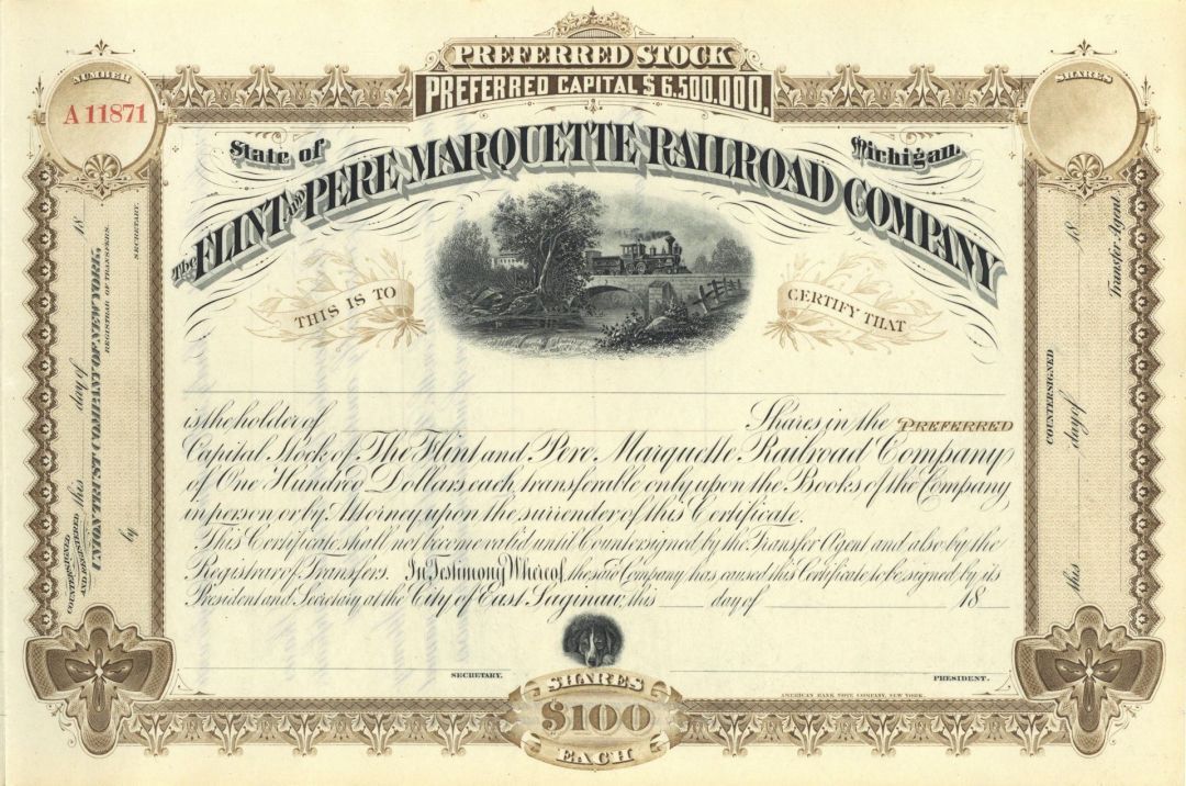 Flint and Pere Marquette Railroad - 1880\'s dated Unissued Railway Stock Certific