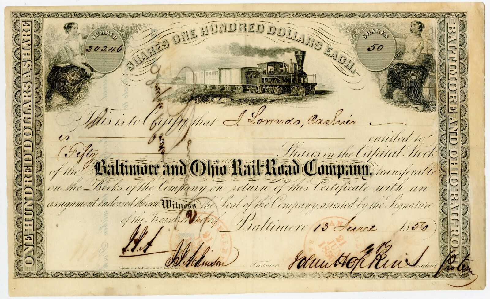 Johns Hopkins ~ Signed Autographed 1856 Railroad Stock Certificate ~ JSA LOA