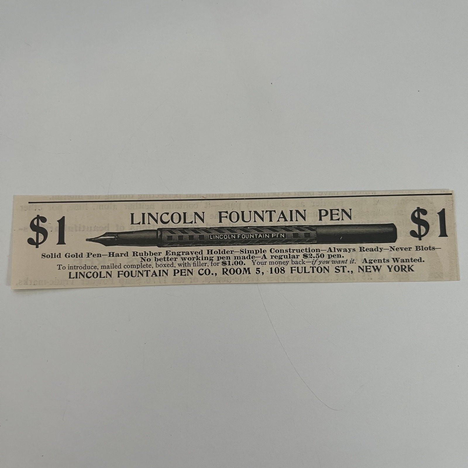Lincoln Fountain Pen Co Solid Gold Pen 108 Fulton St NYC 1897 Clipping SAH7-3