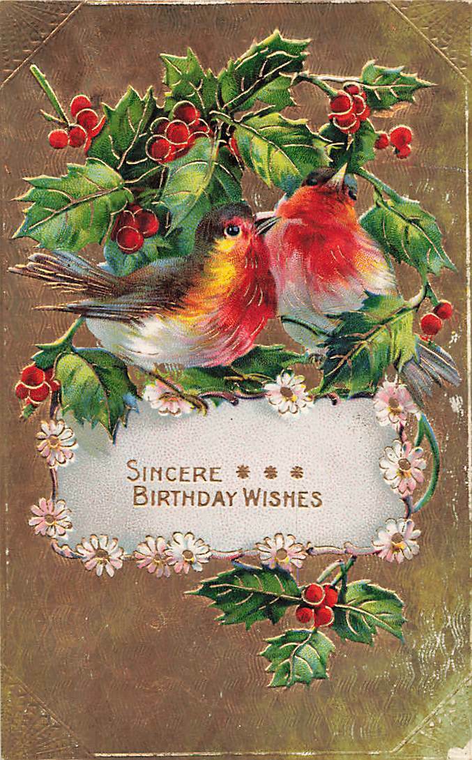 c1910 Birds Songbirds Flowers Gold Birthday Wishes German P326