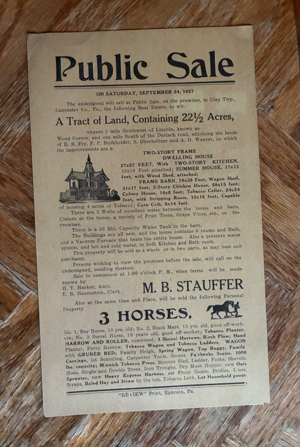 Antique 1927 Farm Public Sale Broadside Lancaster County PA Tobacco Farm 221AC
