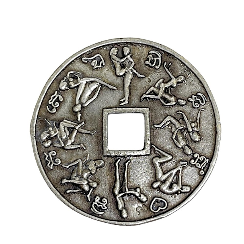 Kamasutra Erotic Coin Pocket Amulet Brass Silver Tone Love Attraction Charm #3