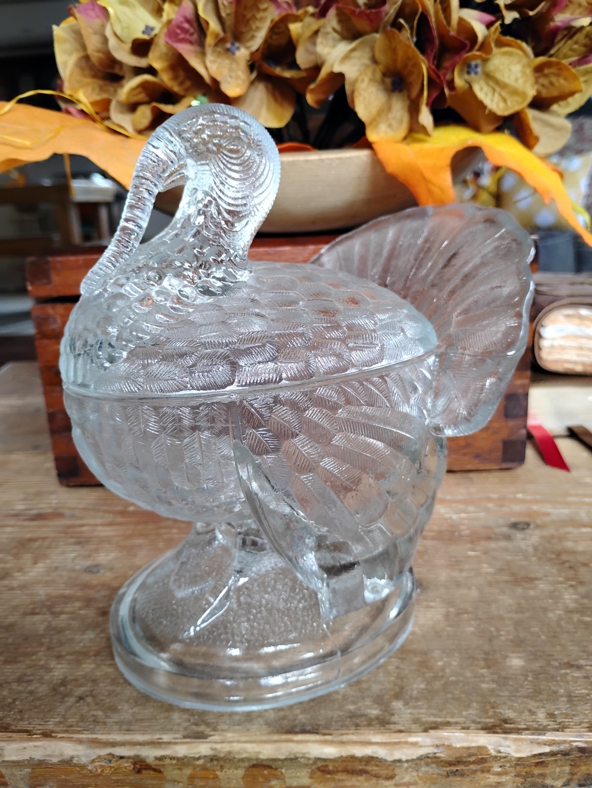 Gorgeous Larger Glass Vintage Vtg Thanksgiving Fall TURKEY Candy Dish Decor