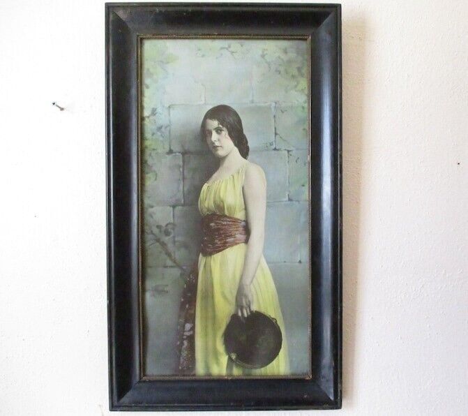 Antique Hand Coloured Photograph Print 1930s Gypsy Girl with Tambourine