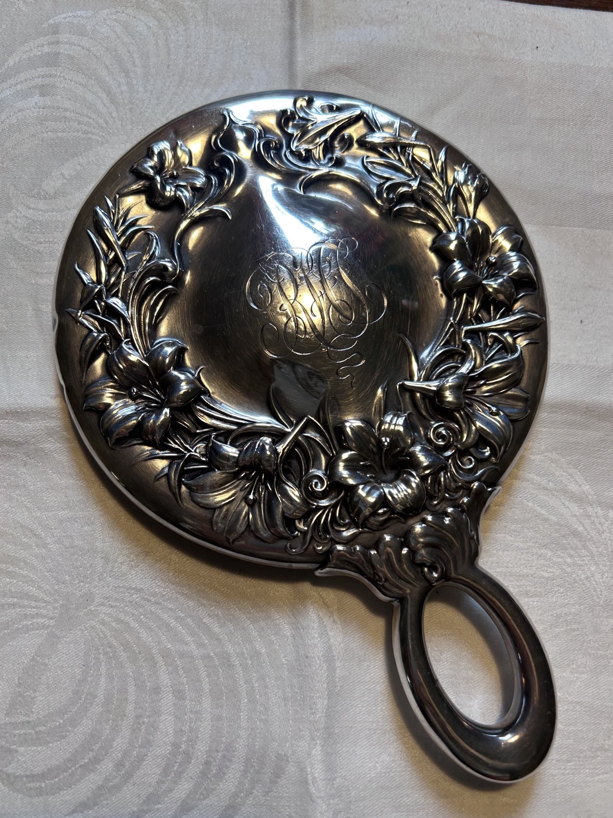 RARE Antique Whiting Mfg Sterling Silver Hand Mirror Repousse MONO 