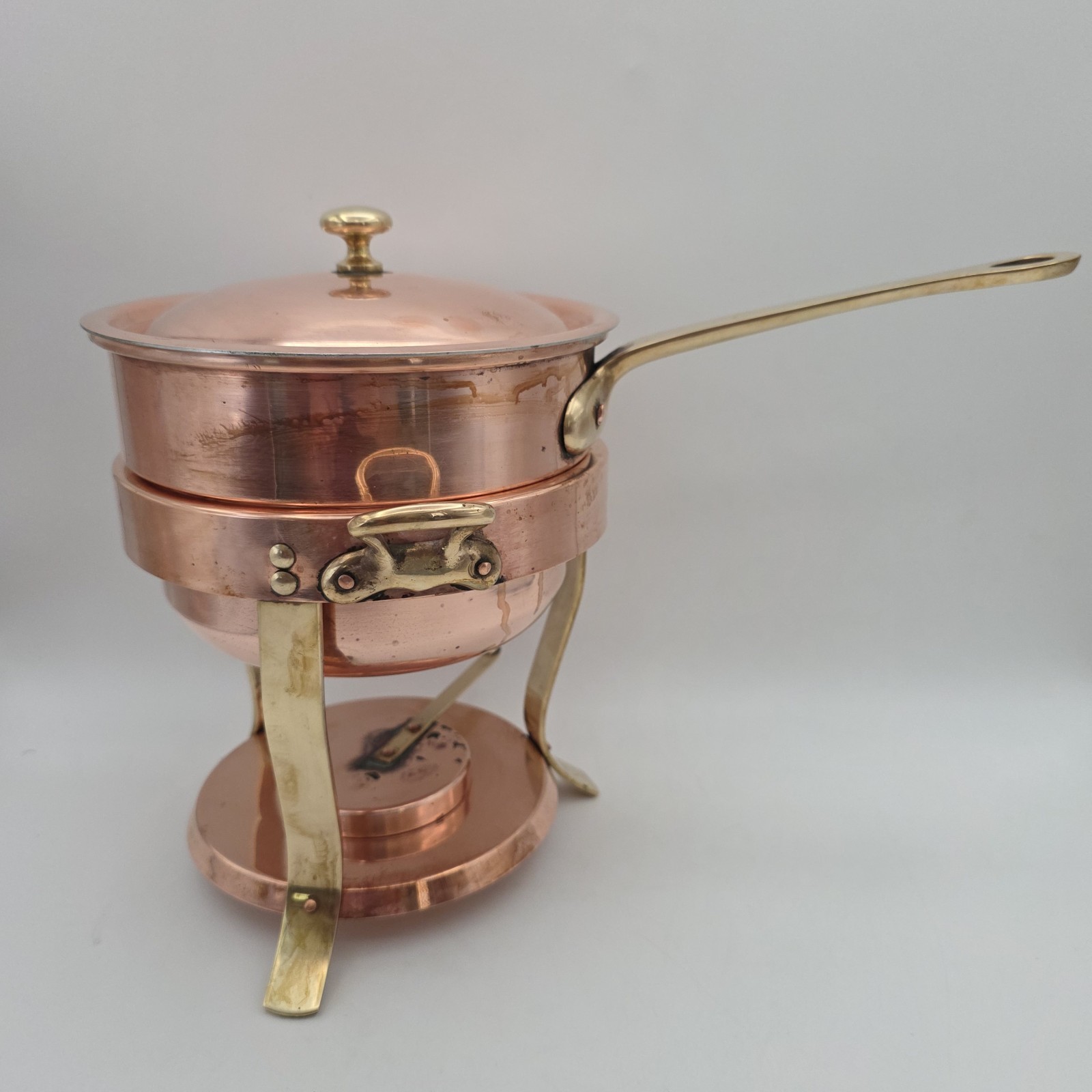 Waldow Brooklyn NY Vintage Copper & Brass Fondue Pot with Lid & Stand