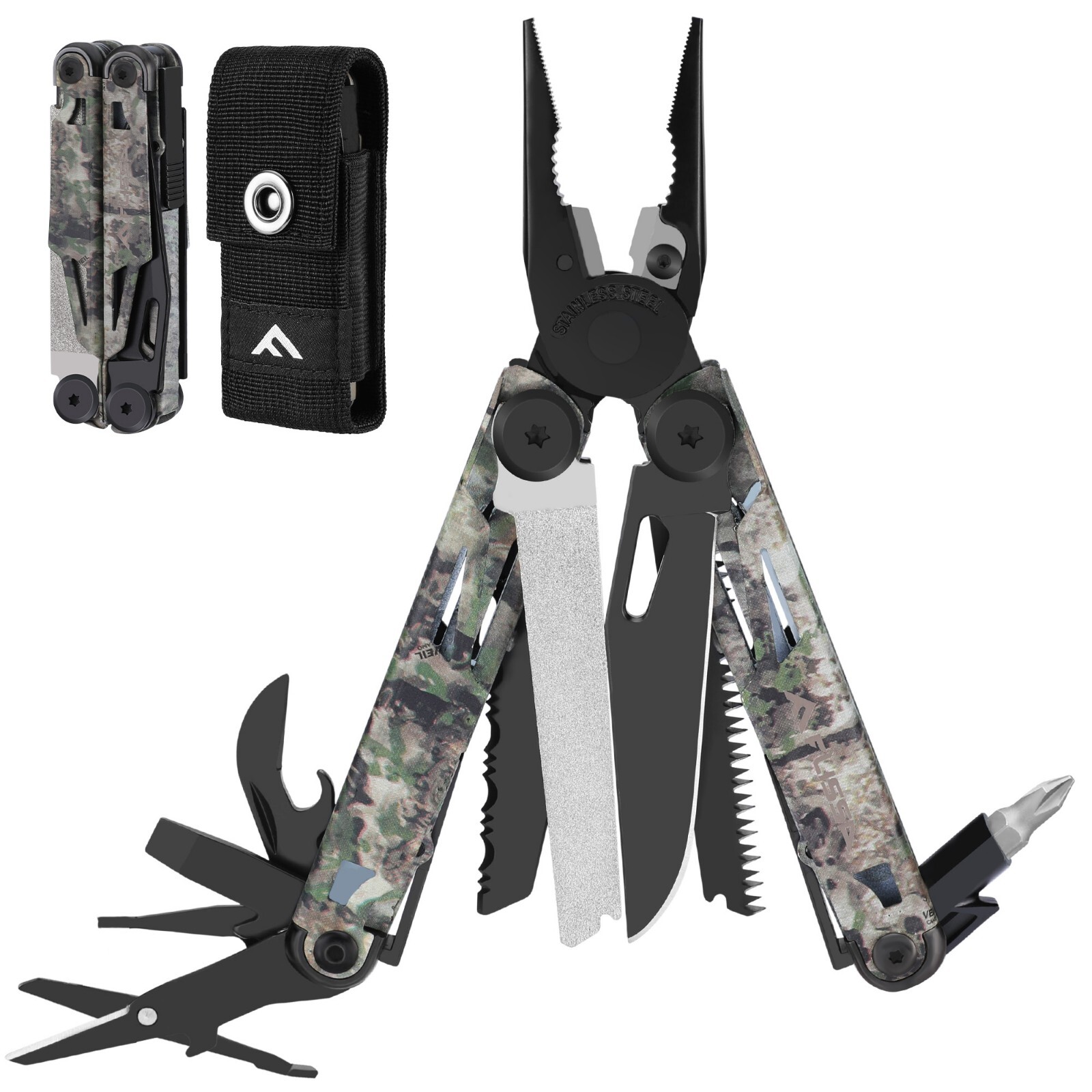 FLISSA 15-in-1/16-in-1/18-in-1 Multitool with Sheath Stainless Steel Multi-Color FLISSA 15-in-1/16-in-1/18-in-1 Multitool with Sheath Stainless Steel Multi-Color