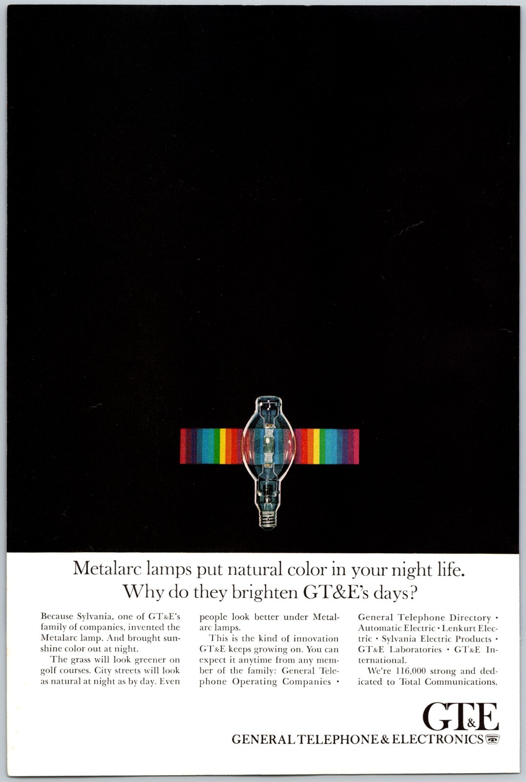 1966 General Telephone & Electronics GT&E Metalarc Lamps Natural Color Print Ad