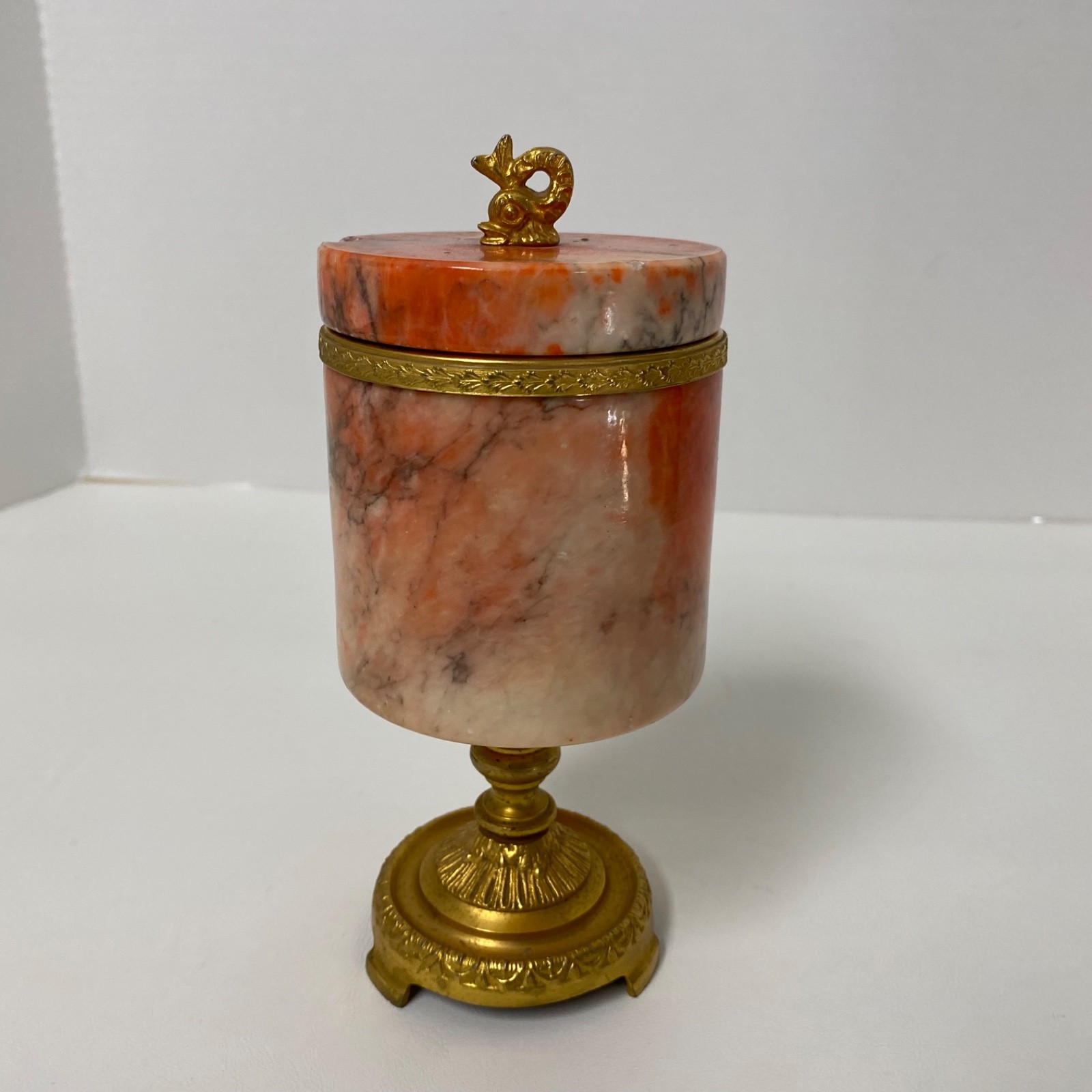 Vintage Italian Coral Alabaster Lidded Jar With Brass Dolphin Finial • Chipped Vintage Italian Coral Alabaster Lidded Jar With Brass Dolphin Finial • Chipped