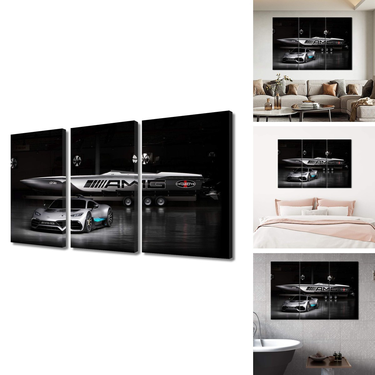 TUMOVO 3 Pieces Black And White Sport Car Canvas - 12 x 24 Inch X 3 Panels