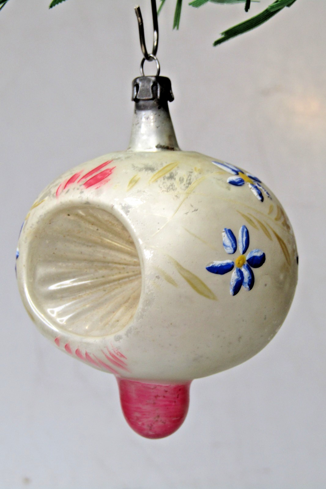 VTG Glass Double Indent FLOWER Pictured Finial DROP Christmas Ornament Poland #5