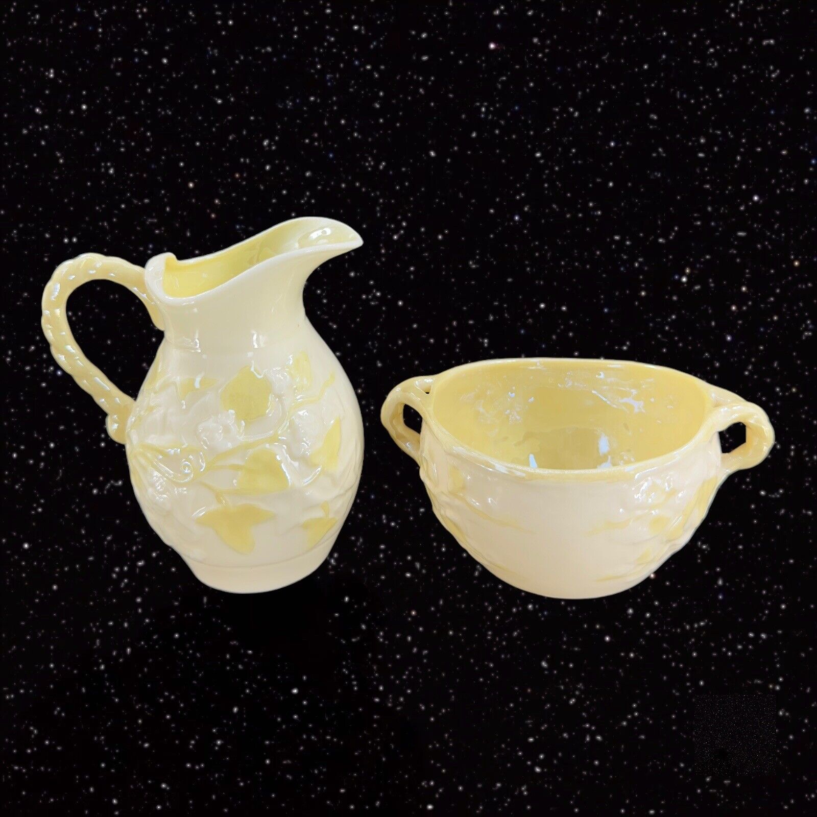 Belleek Fermanagh Ivy Yellow Ireland Porcelain Open Sugar Bowl Creamer Marked