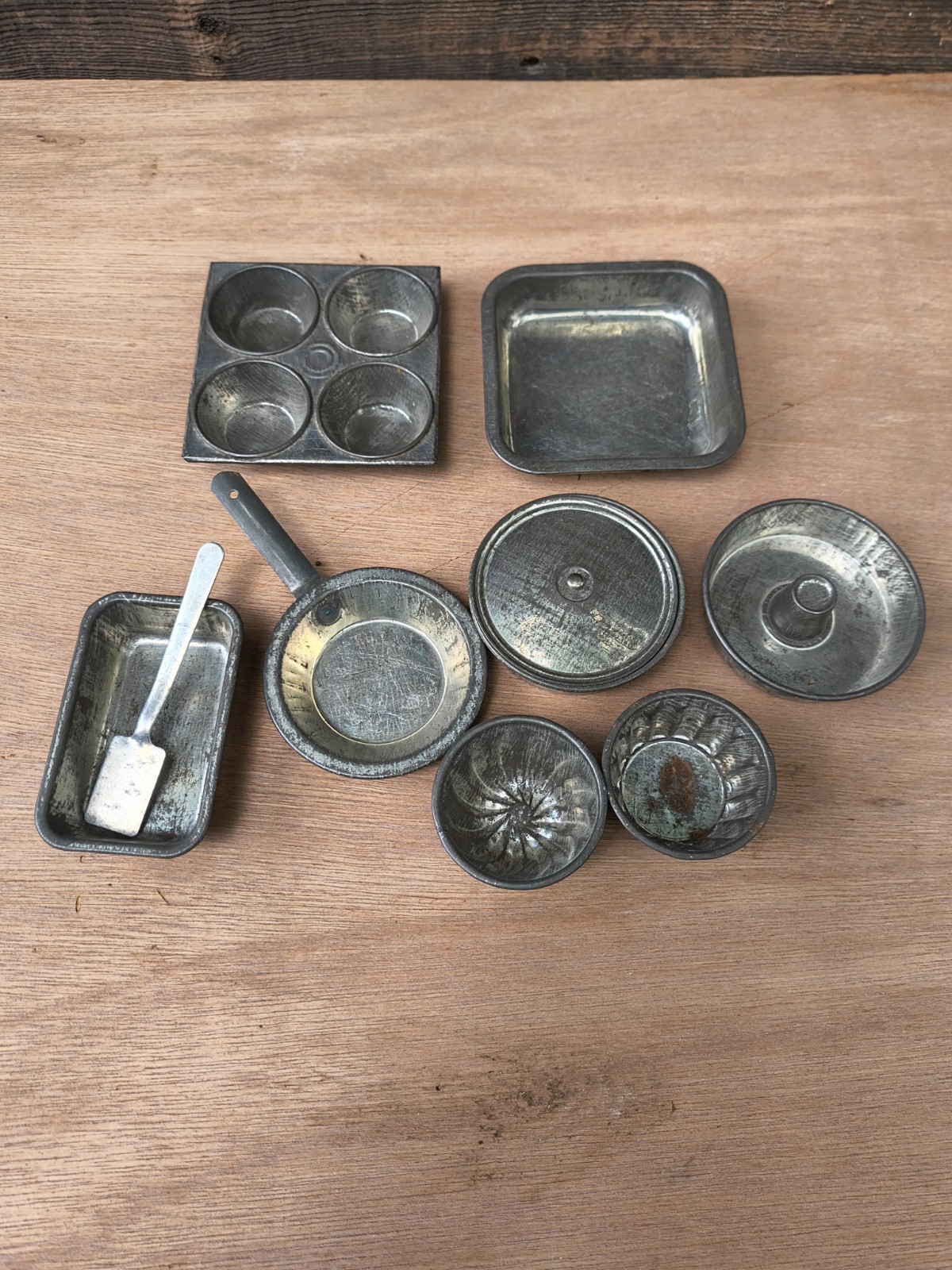 Vintage Childs Miniature Tin Toy Baking Pan Set 9 Pc Mid Century Cookware Lot