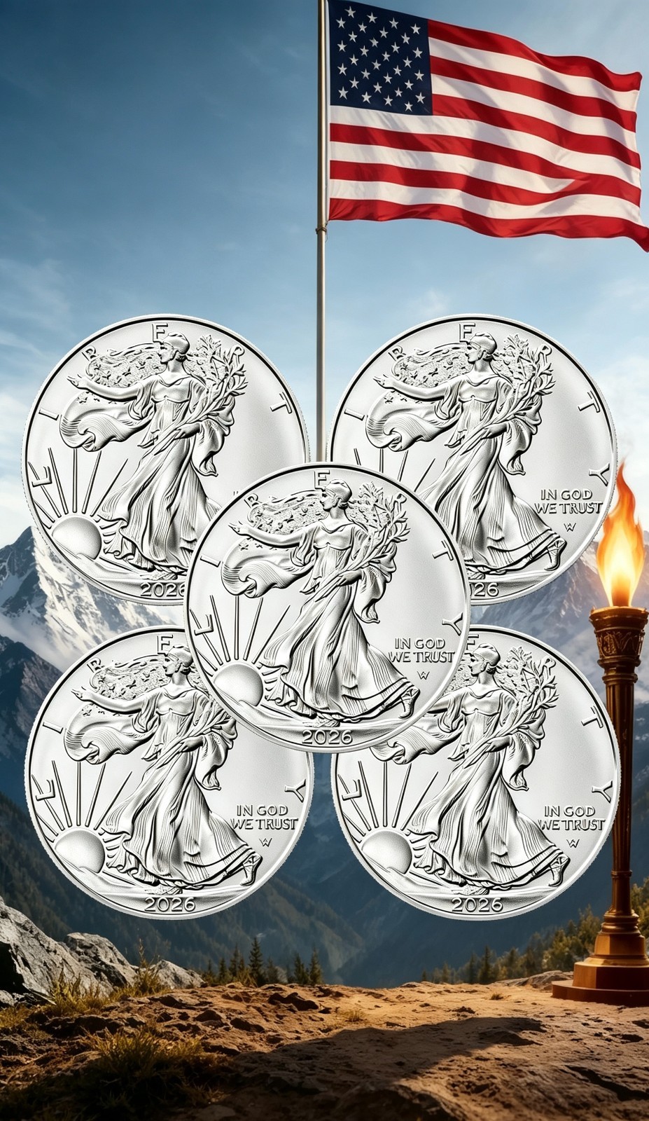 lOT OF 5 2026 ..999 American Eagle 1 oz Walking Liberty design