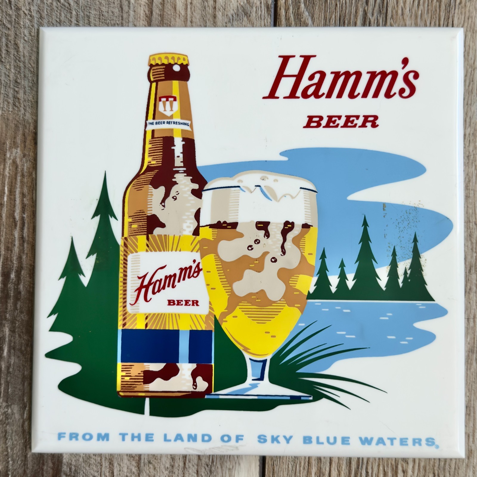 Vintage 1960\'s Hamm\'s Beer Lakeside Plastics Tile Lake Scene Beer Bottle & Glass