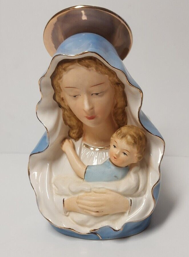 Vtg. Madonna and Child Head Vase/Planter 8\