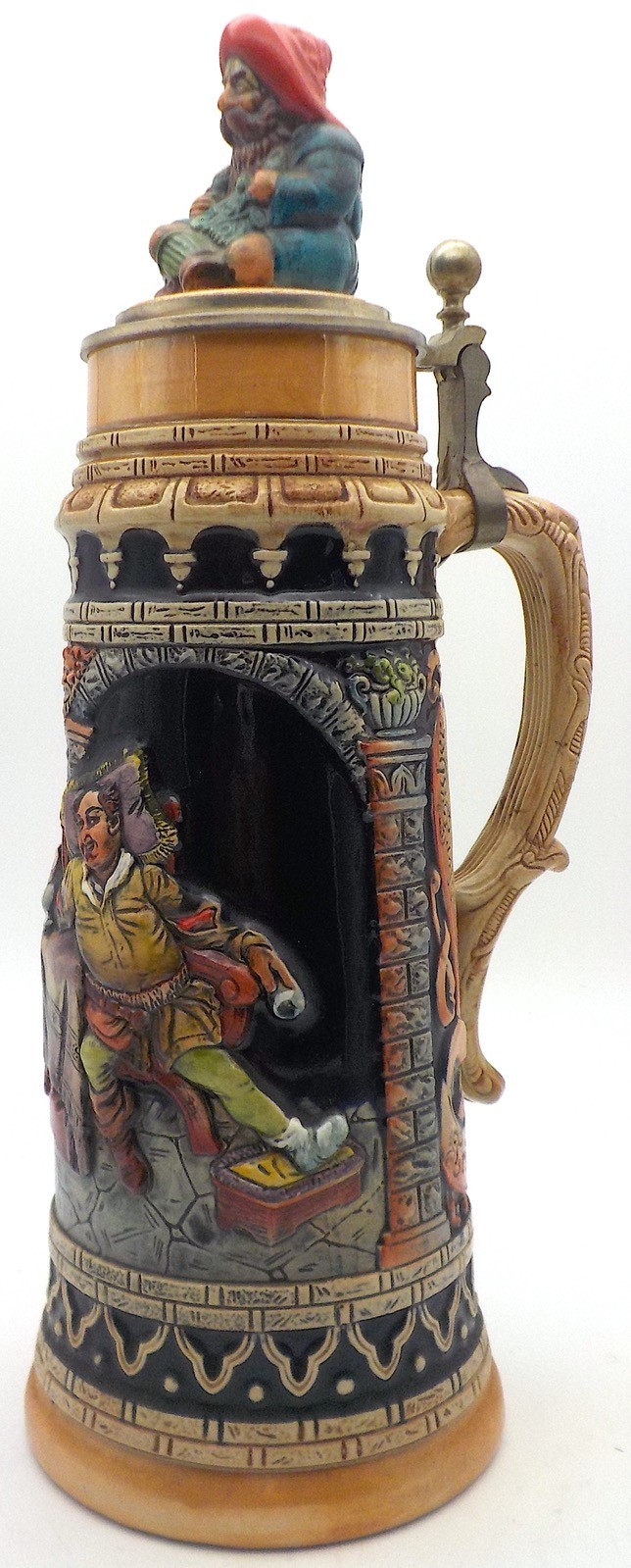German Lidded 15 Inch Tall Beer Stein Pewter & Ceramic