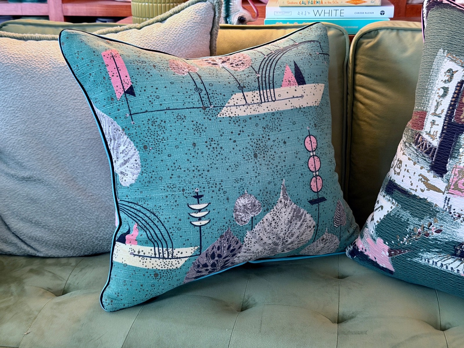 Miami MOD Biomorphic Mobiles on Turquoise ATOMIC  Barkcloth Vintage Pillow Cover