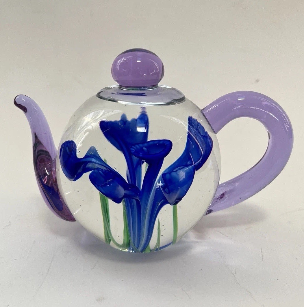Dynasty Gallery Blown Glass Teapot Paperweight Blue Flower Purple Art Glass