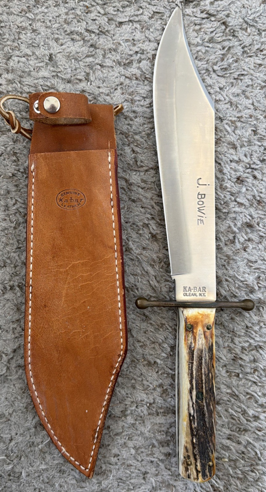 VTG KA-BAR OLEAN NY 8001 ST BONE HANDLE J. BOWIE KNIFE & LEATHER SHEATH 14” VTG KA-BAR OLEAN NY 8001 ST BONE HANDLE J. BOWIE KNIFE & LEATHER SHEATH 14”
