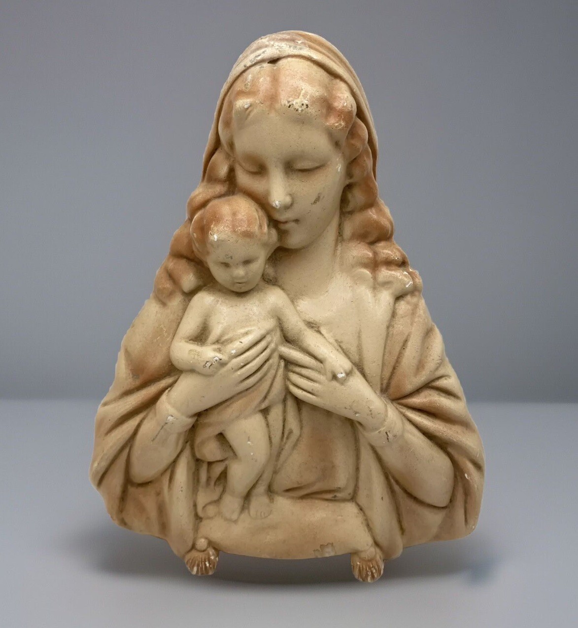 Vintage Chalkware Madonna and Child High Relief Wall Plaque Religious Sculpture