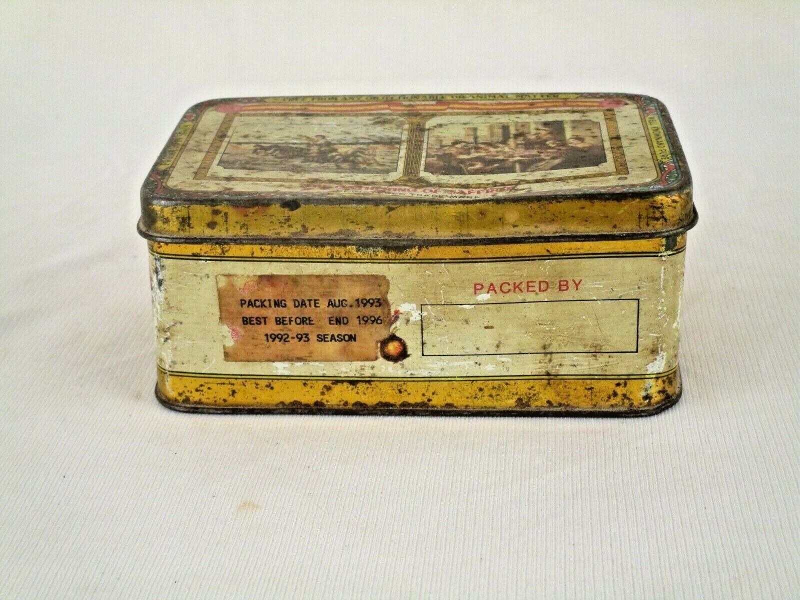 Vintage \'The Gathering of Saffron Spain\' Litho Tin Box: Advertising Keepsake