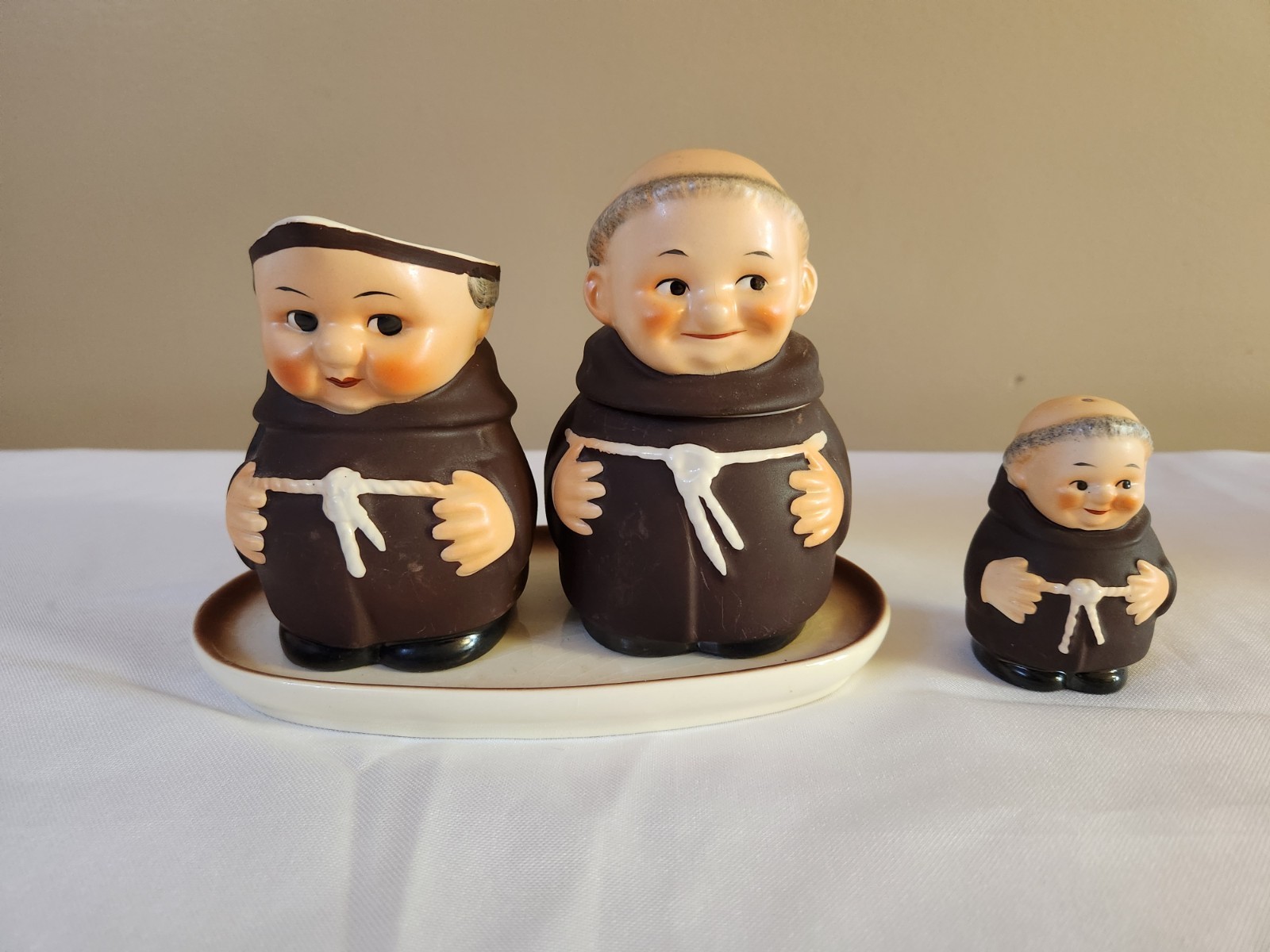Friar Tuck 4 Piece Vintage West Germany Goebel Creamer, Sugar, Salt, Plate Set