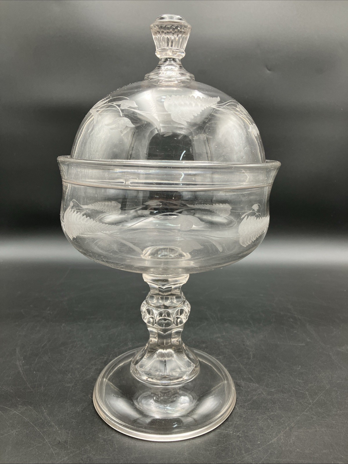 Clear Etched Lidded Glass Compote 13” Vintage.  Beautiful