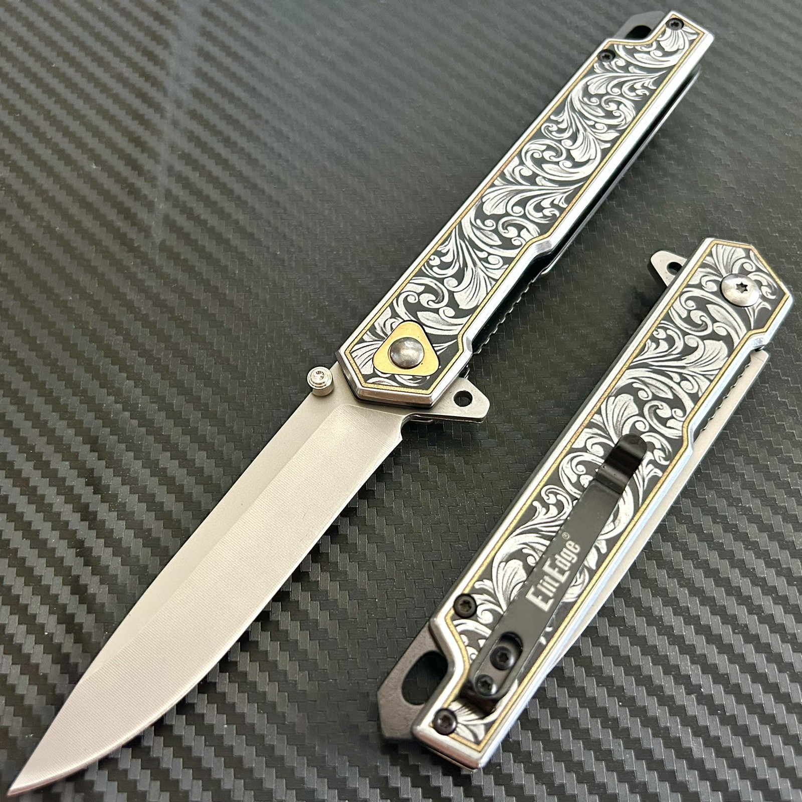 9” Black Flower Engraved EDC Tactical Spring Assisted Open Folding Pocket Knife 9” Black Flower Engraved EDC Tactical Spring Assisted Open Folding Pocket Knife