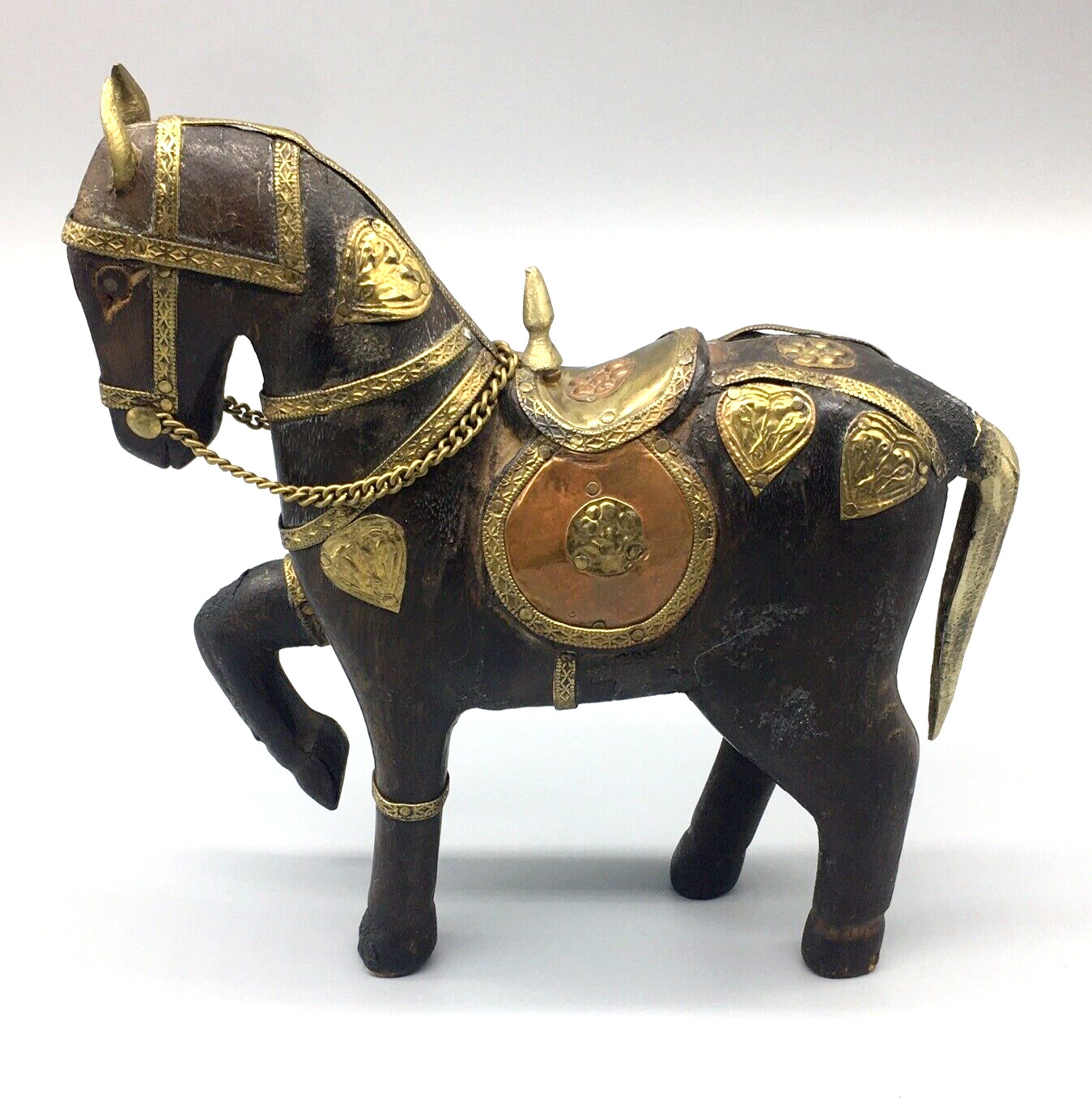 Vtg Hand Carved Wood Horse Figurine Brass Copper India Made