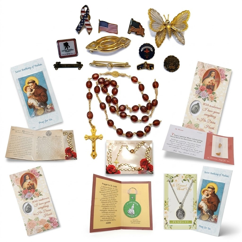 23pc Religious & Vintage Pin Bundle St Therese Rosaries Medals Keychains