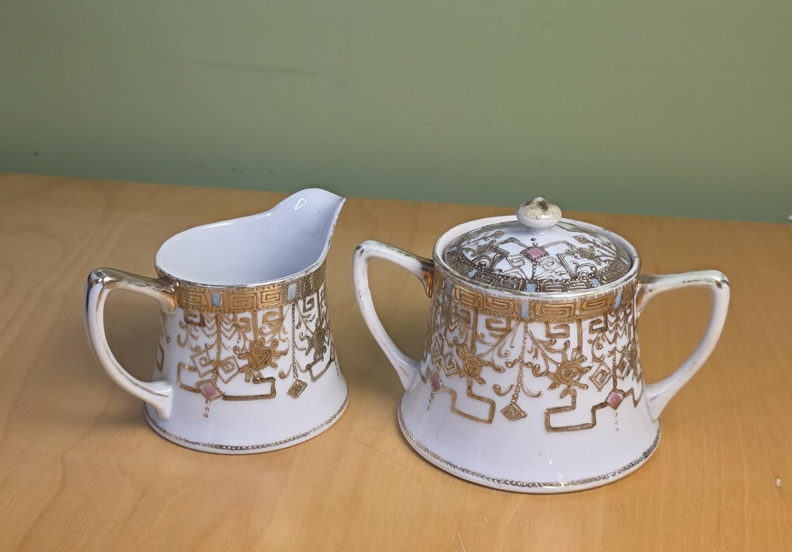 Antique Hand Painted Nippon Creamer & Covered Sugar Bowl Gold Moriage Japan 