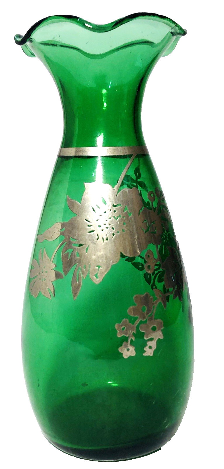 Vintage Handblown Vase Green Art Glass with Sterling Silver Overlay Ruffled Rim Vintage Handblown Vase Green Art Glass with Sterling Silver Overlay Ruffled Rim