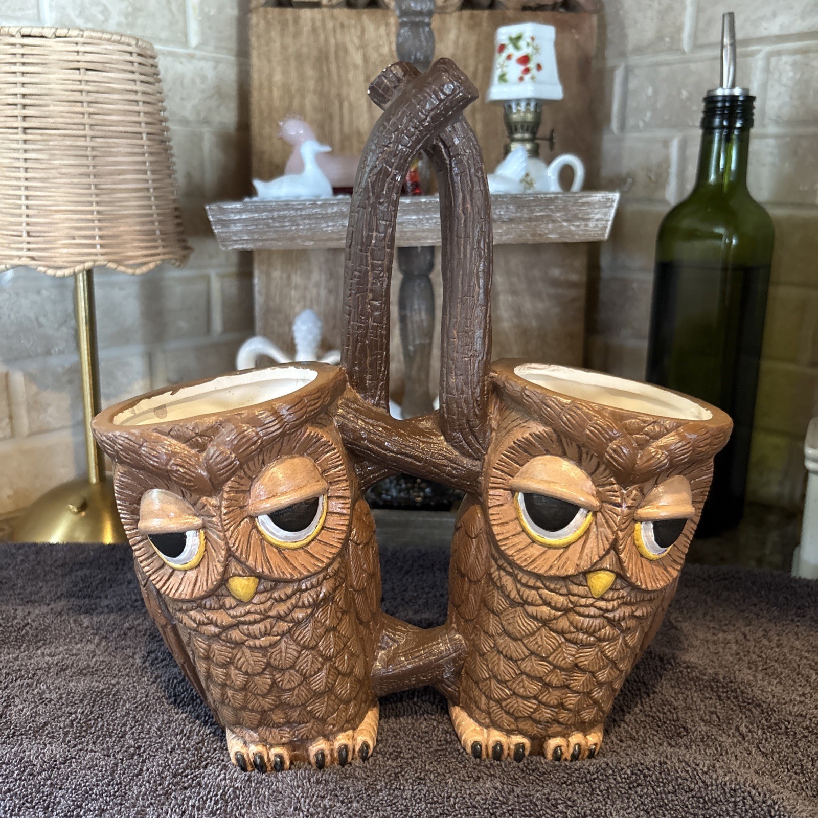 Vintage 1984 Sittre Ceramic Double Sided Owl Caddy, Planter, Utensils Tan