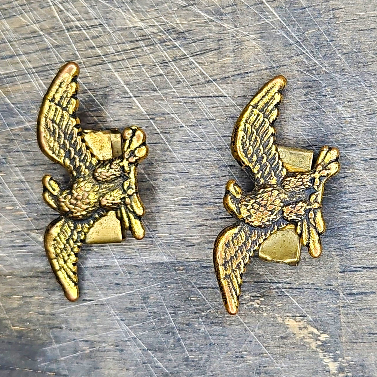 Pair Vintage Military Colonel Eagle Tie Clips Shirt Clasp Brass Alligator Clip