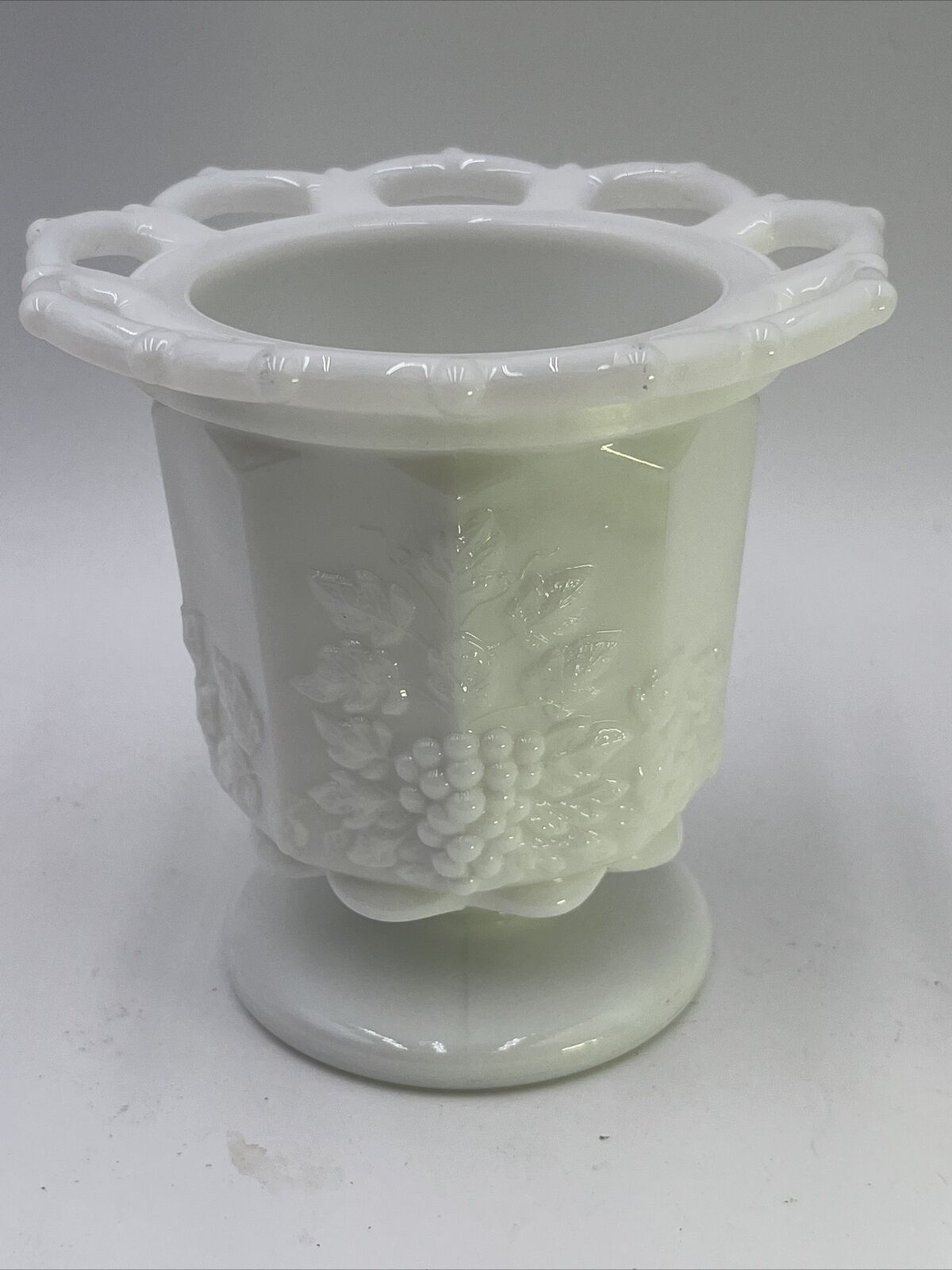 Vintage Westmoreland Milk Glass Compote Grape and Vines Open Lace Jar  5” Tall