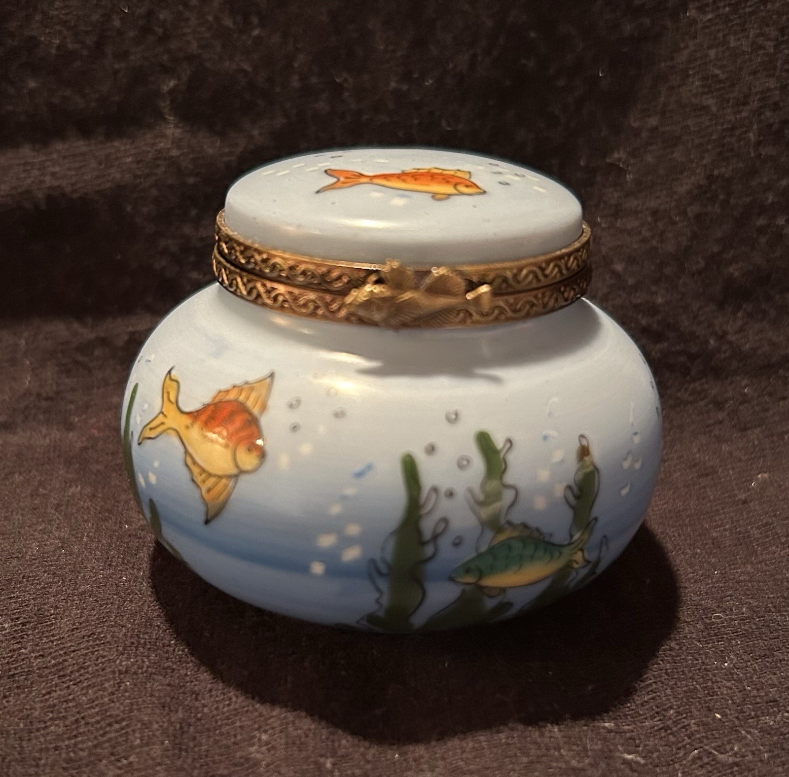 Limoges France Hand Painted Fish Hinged Porcelain Trinket Box Puy De Dome