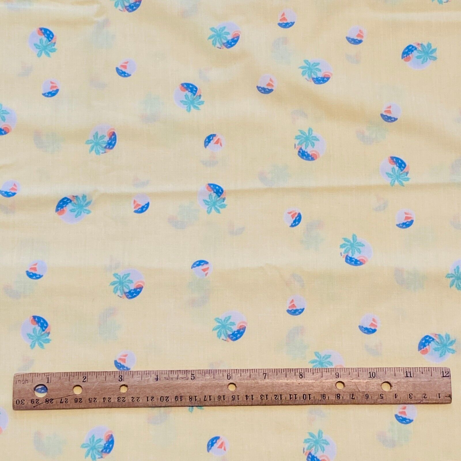 Vintage 1980s Novelty Palm Tree Sailboats Fabric Yellow Cotton 1.3 YD