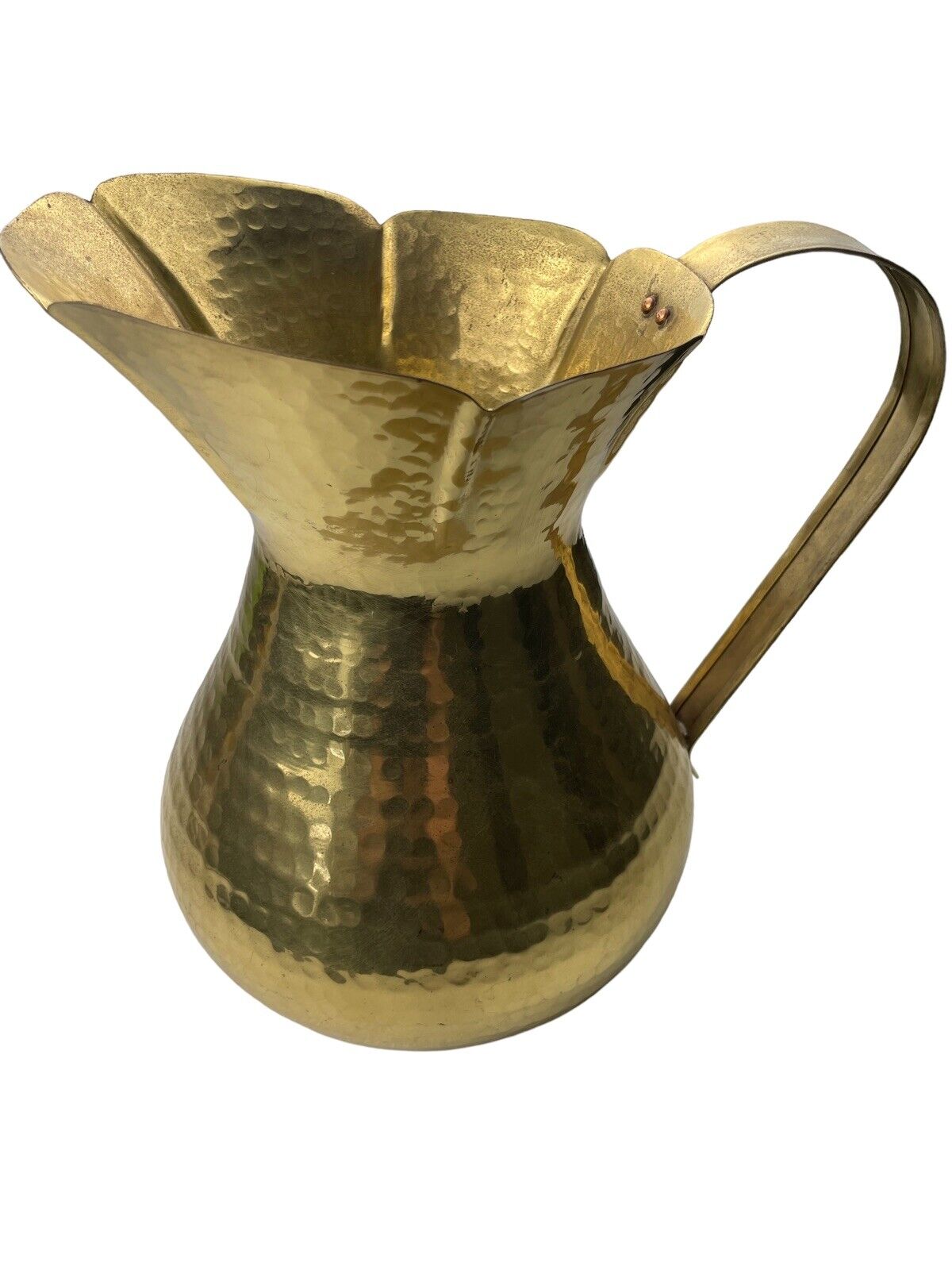 Large Hammered Brass Pitcher 11.75” Tall 12” Wide, Gold Tone