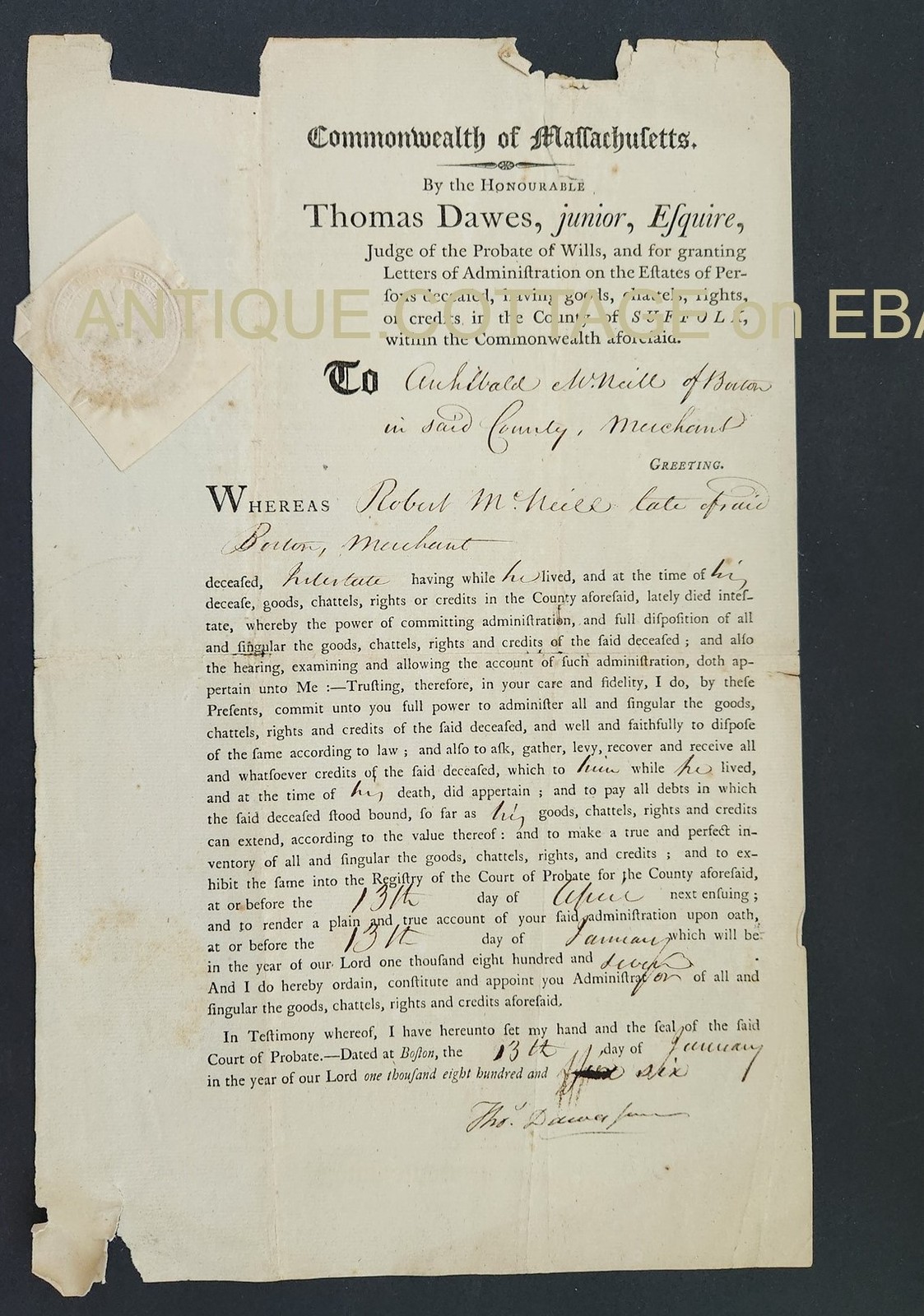 1806 antique LEGAL DOCUMENT boston ma ROBERT McNEILL ESTATE merchant DAWES