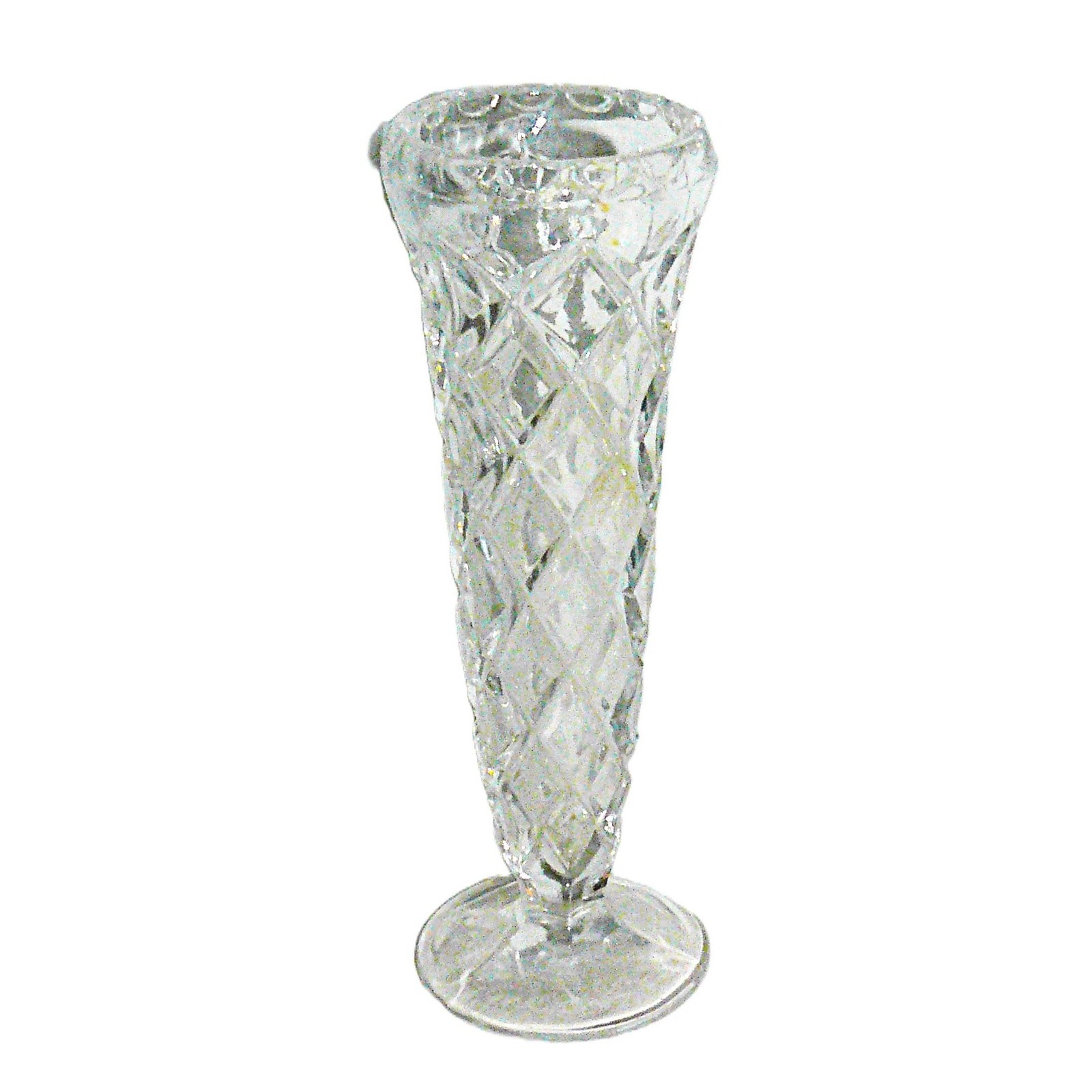 Vtg Clear Pressed Glass Trumpet Bud Vase Diamond Pattern Scallop Rim Round Foot