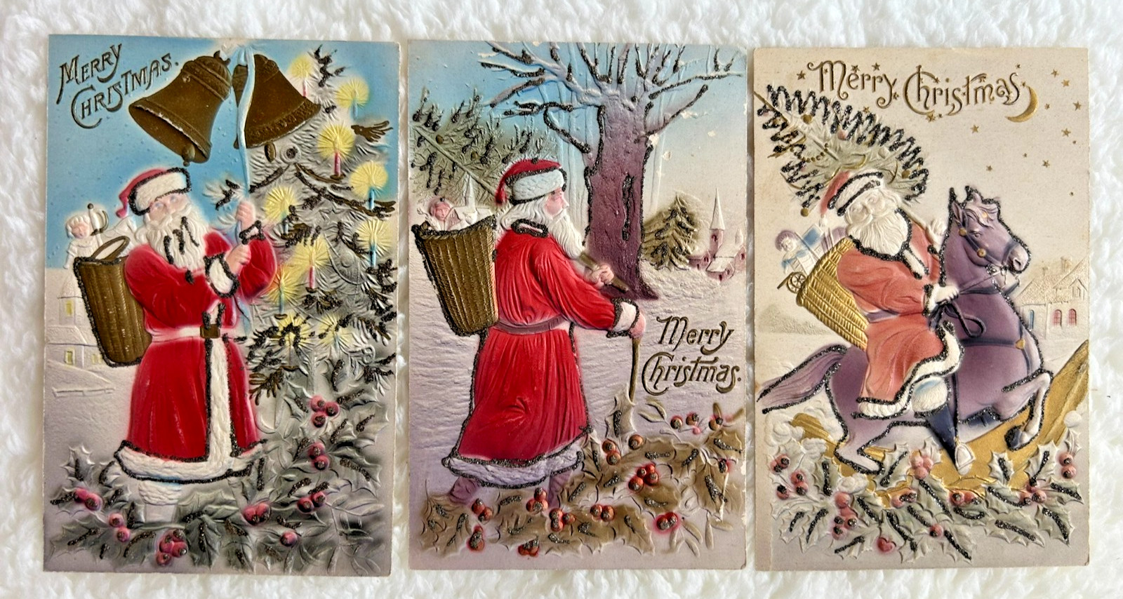 HTF  3 Curt Teich Embossed Airbrush Glitter Christmas Postcards Belsnickle Santa