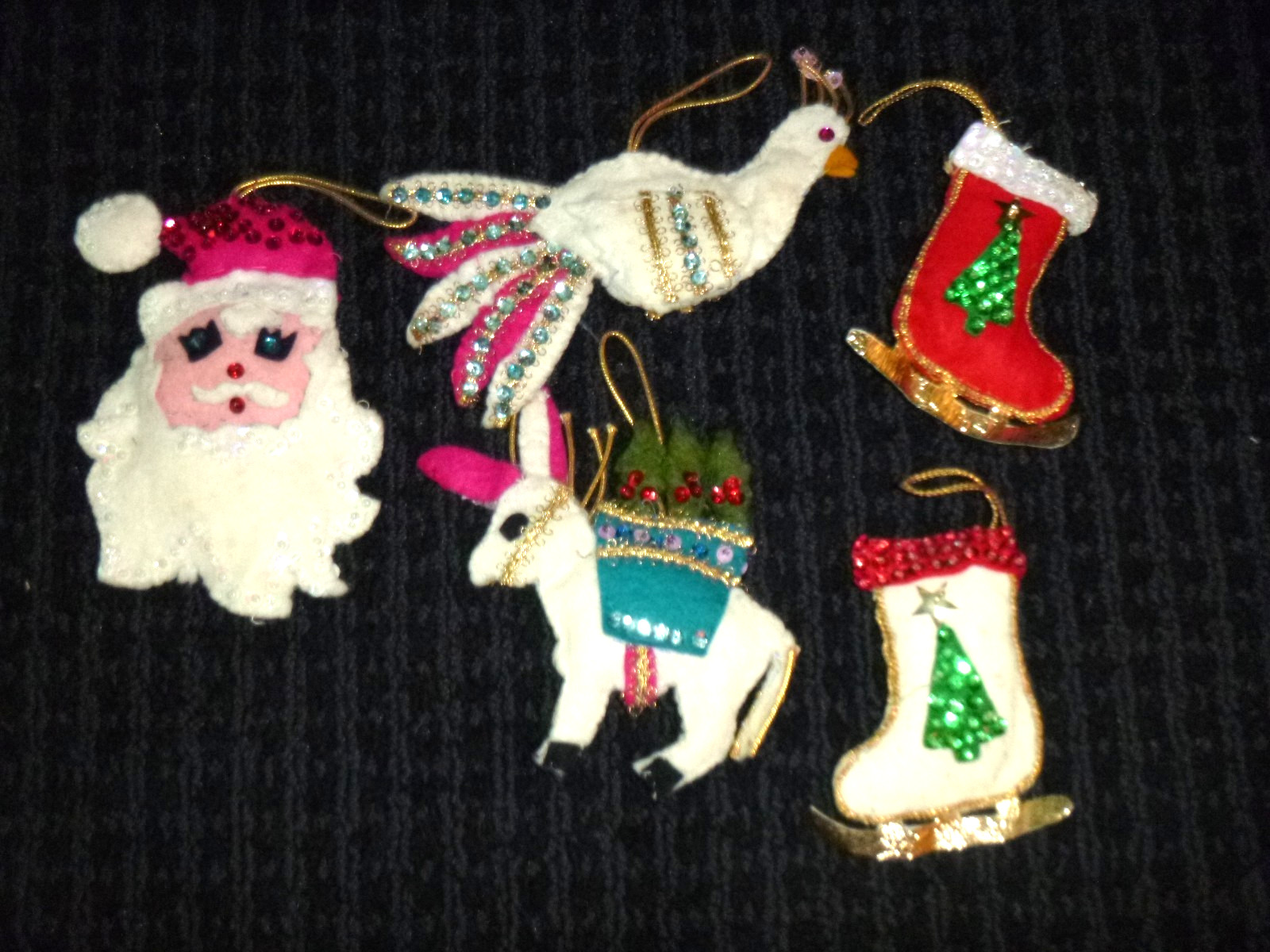 Lot of 5 Vtg 60s 70s Bucilla Jeweled Felt Christmas Ornaments 