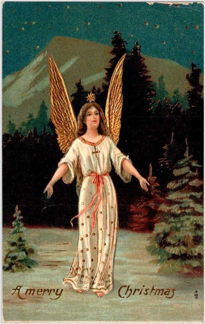 1907 Christmas Postcard Angel Nocturne NYC Station Wavy Hair Gold Wings Message
