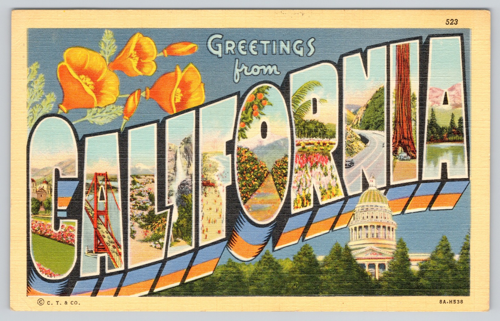 CALIFORNIA Postcard Greetings from CA Large Letter Linen 1941 Posted Poppy State