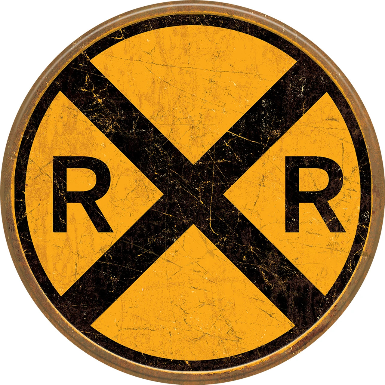 Railroad Crossing Sign Warning Train Tin Embossed Garage Distressed Round 12\'\' Railroad Crossing Sign Warning Train Tin Embossed Garage Distressed Round 12\'\'