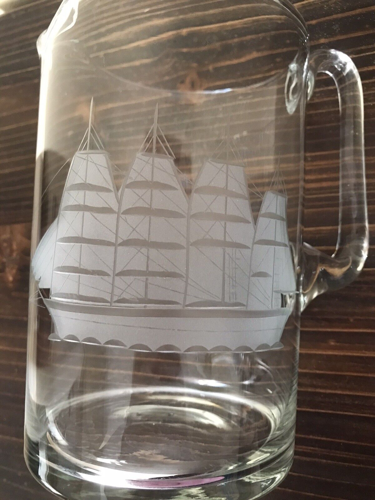 Vintage Clear Glass Pitcher Etched with Clipper Ship 7 1/2”