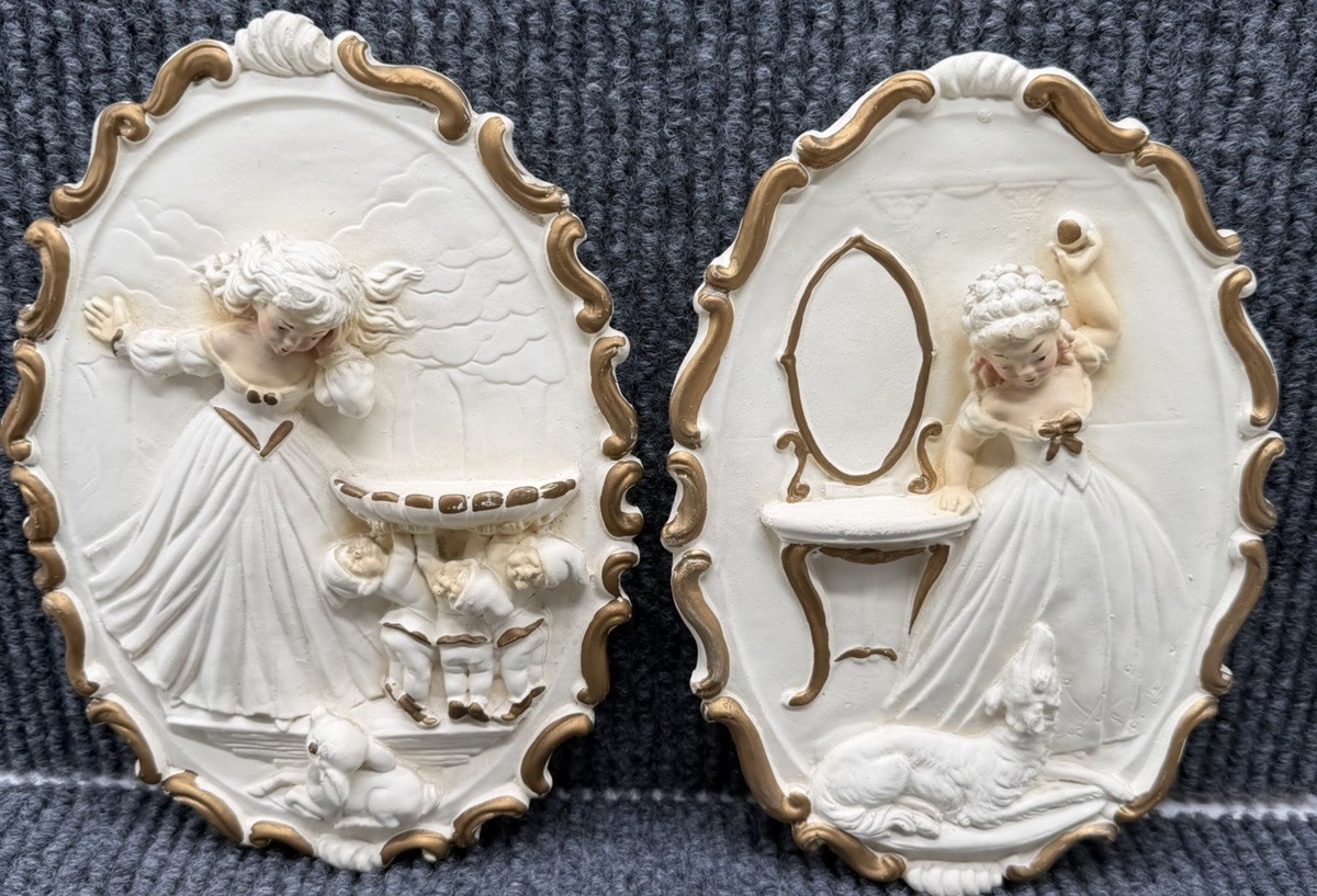 Vintage Mid Century Chalkware 3D Wall Art Set 2 Hollywood Regency Vanity Plaques