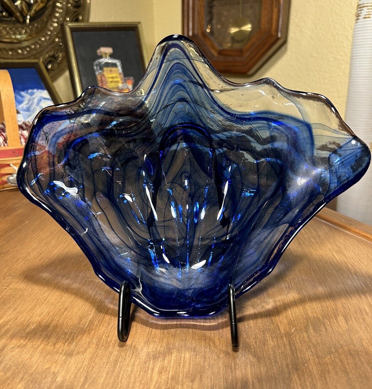 Cobalt Blue Swirl Pressed Art Glass Clam Shell Dish 10” wide, sits on 3 feet