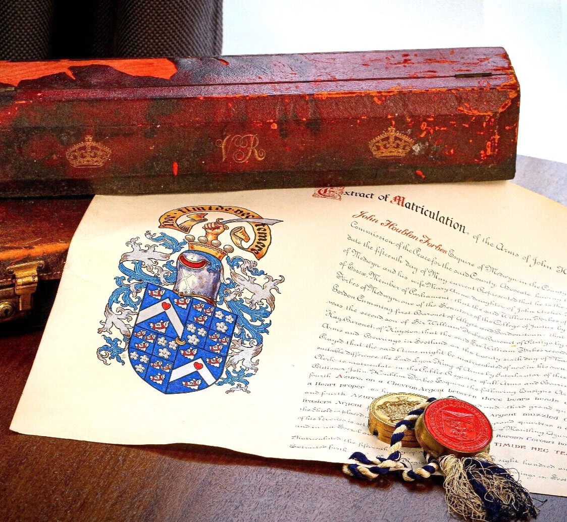 Queen Victoria Scotland Grant Coat of Arms Heraldry Antique Document Vellum
